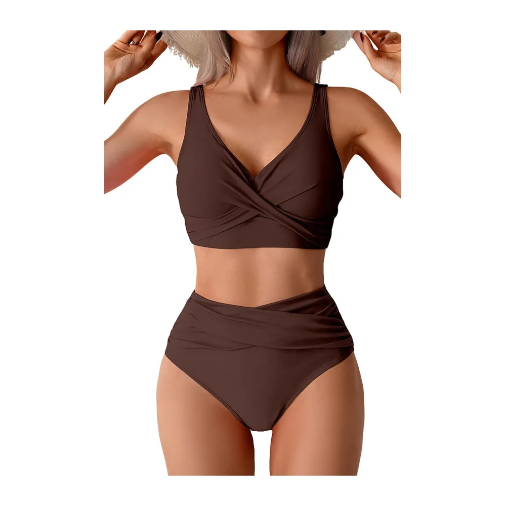 Swimsuit High Waist Swimwear Two Piece Sexy V Neck High Waist Bikini Set — Marron