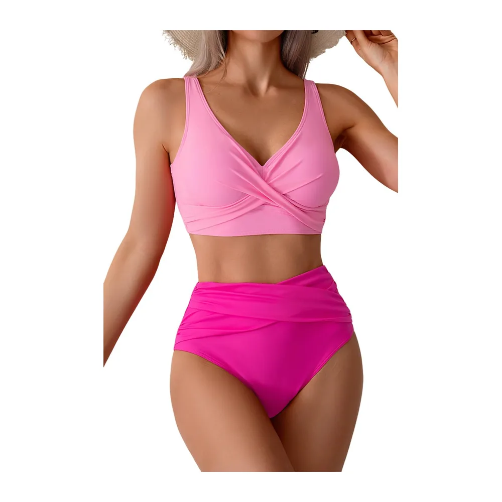 Swimsuit High Waist Swimwear Two Piece Sexy V Neck High Waist Bikini Set — Rose
