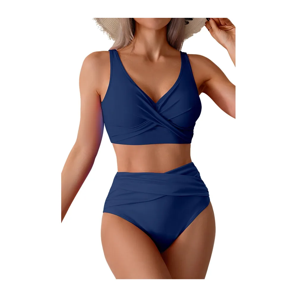 Swimsuit High Waist Swimwear Two Piece Sexy V Neck High Waist Bikini Set — Bleu