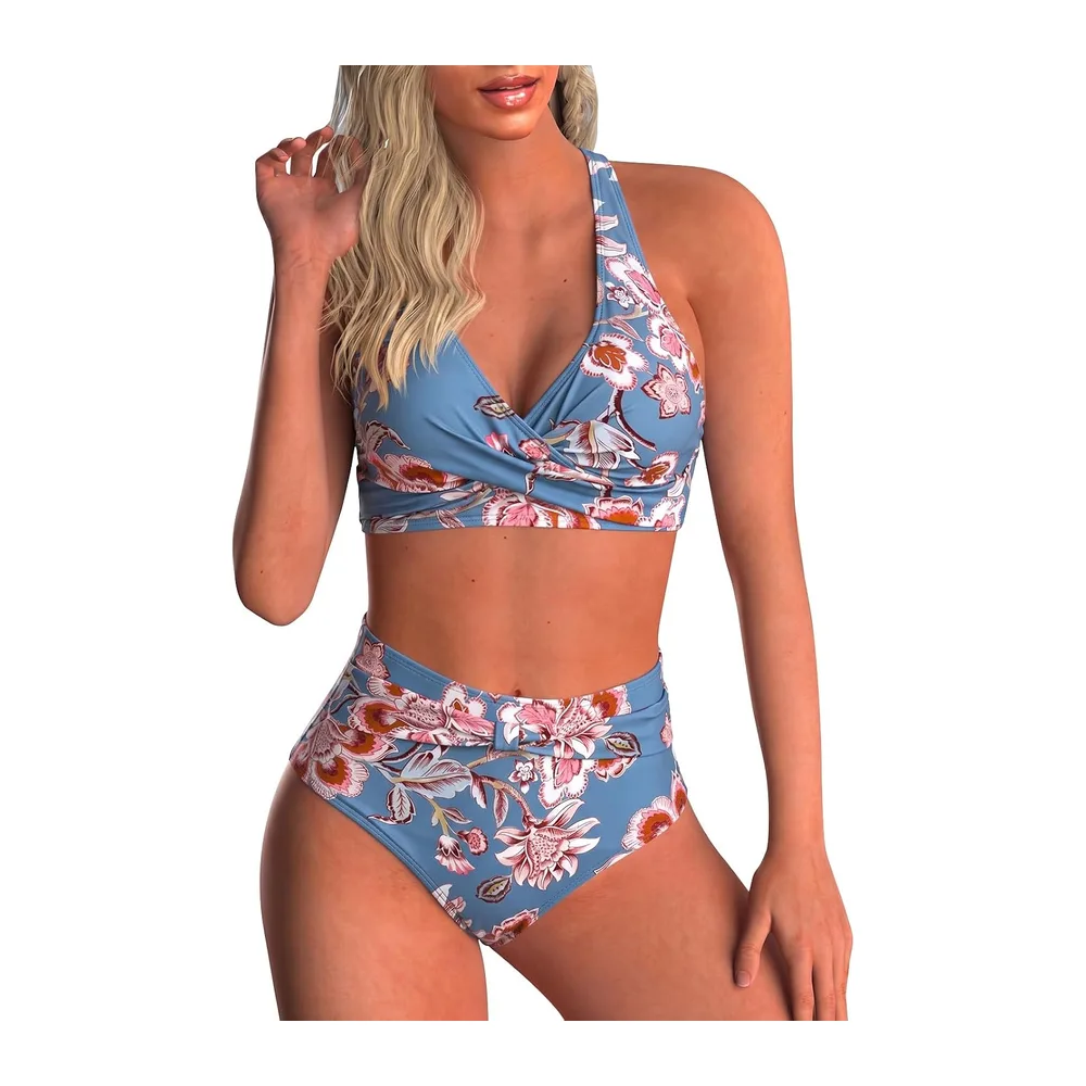 Maillot de Bain Deux Pièces Taille Haute Imprimé Bikini — Fleur en Poudre