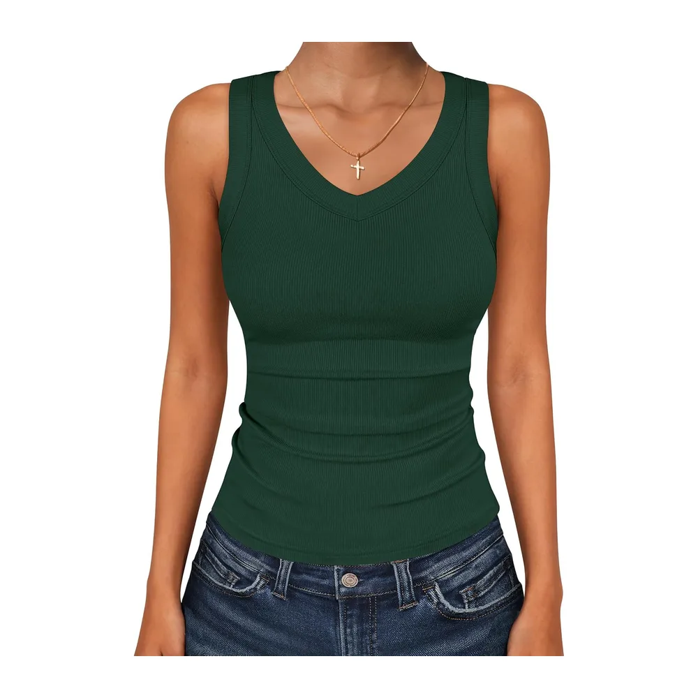 Tank Tops V Neck Ribbed Sleeveless Summer Top — Vert Foncé