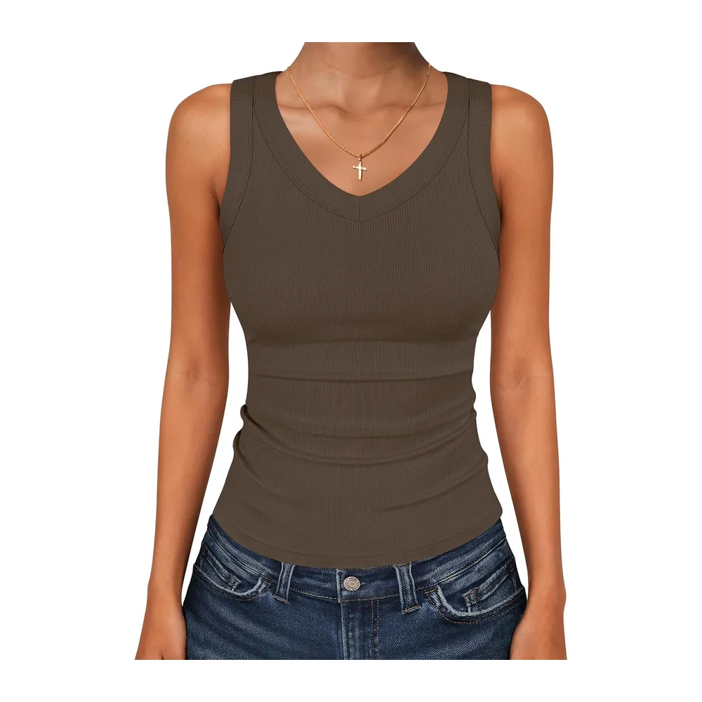 Tank Tops V Neck Ribbed Sleeveless Summer Top — Café
