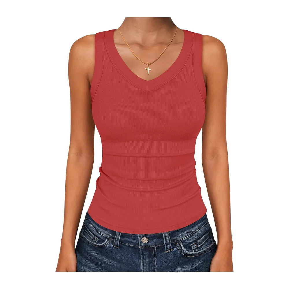 Tank Tops V Neck Ribbed Sleeveless Summer Top — Rouge