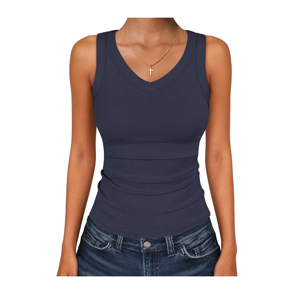 Tank Tops V Neck Ribbed Sleeveless Summer Top — Bleu Marine