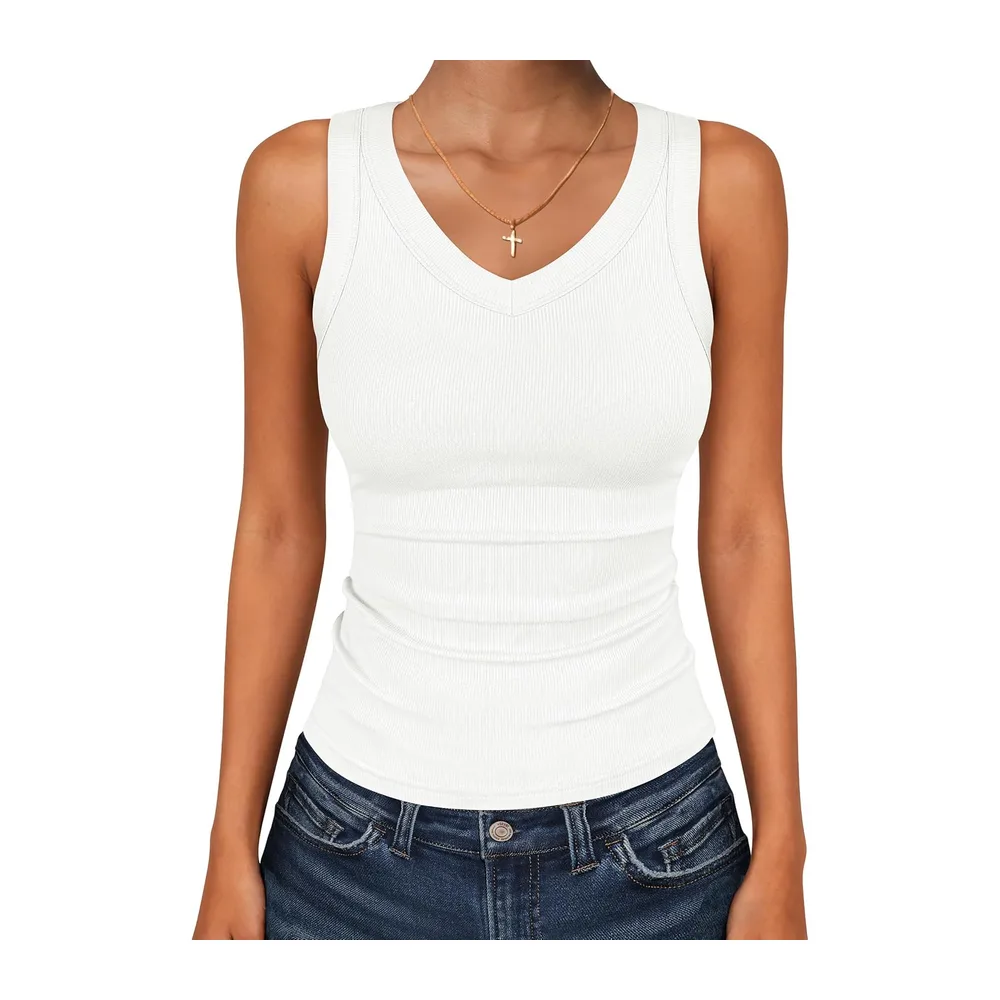 Tank Tops V Neck Ribbed Sleeveless Summer Top — Blanc