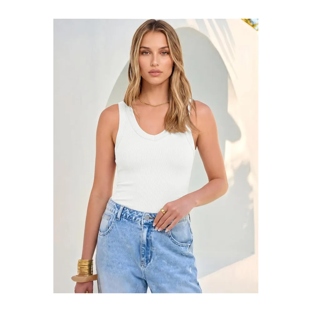Tank Tops V Neck Ribbed Sleeveless Summer Top — Blanc