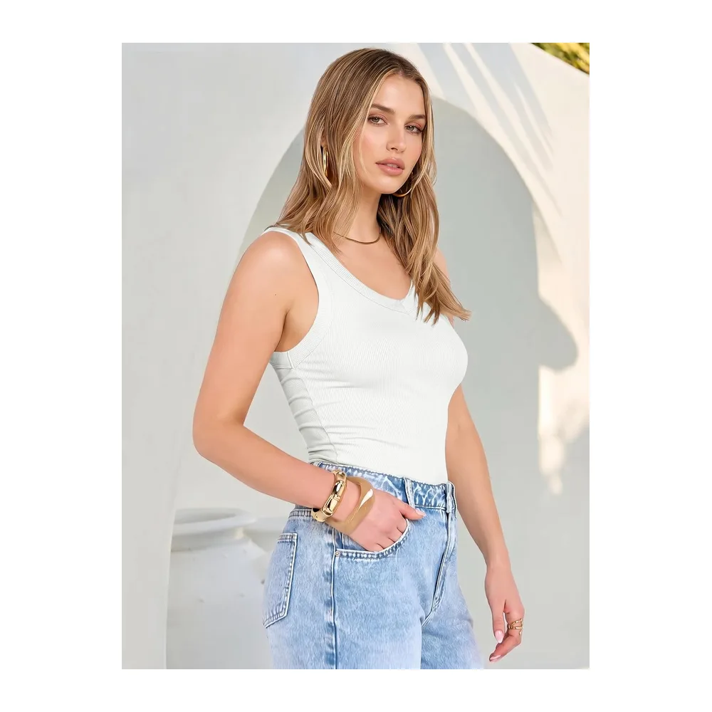 Tank Tops V Neck Ribbed Sleeveless Summer Top — Blanc