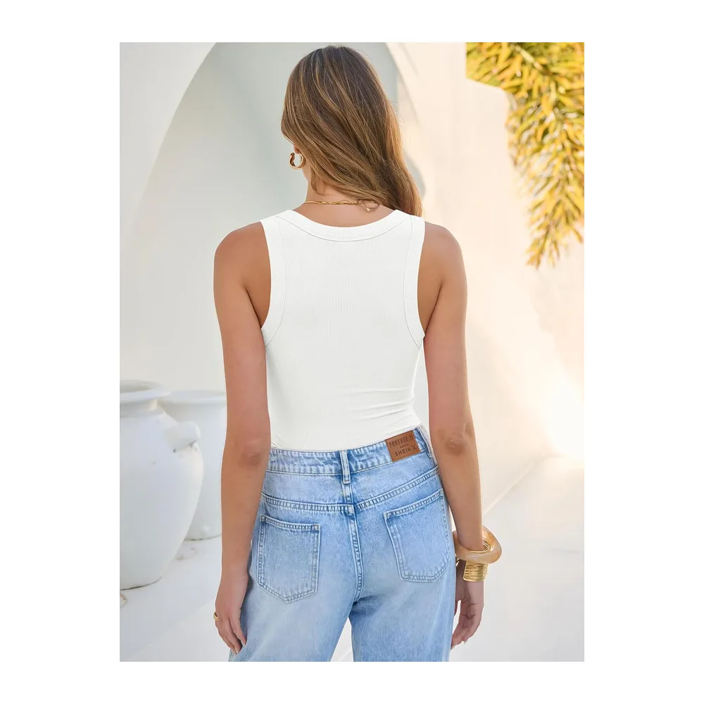 Tank Tops V Neck Ribbed Sleeveless Summer Top — Blanc