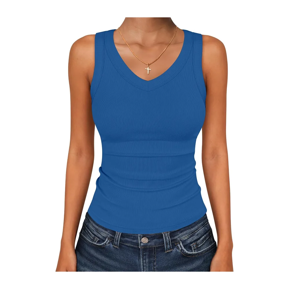 Tank Tops V Neck Ribbed Sleeveless Summer Top — Bleu Roi