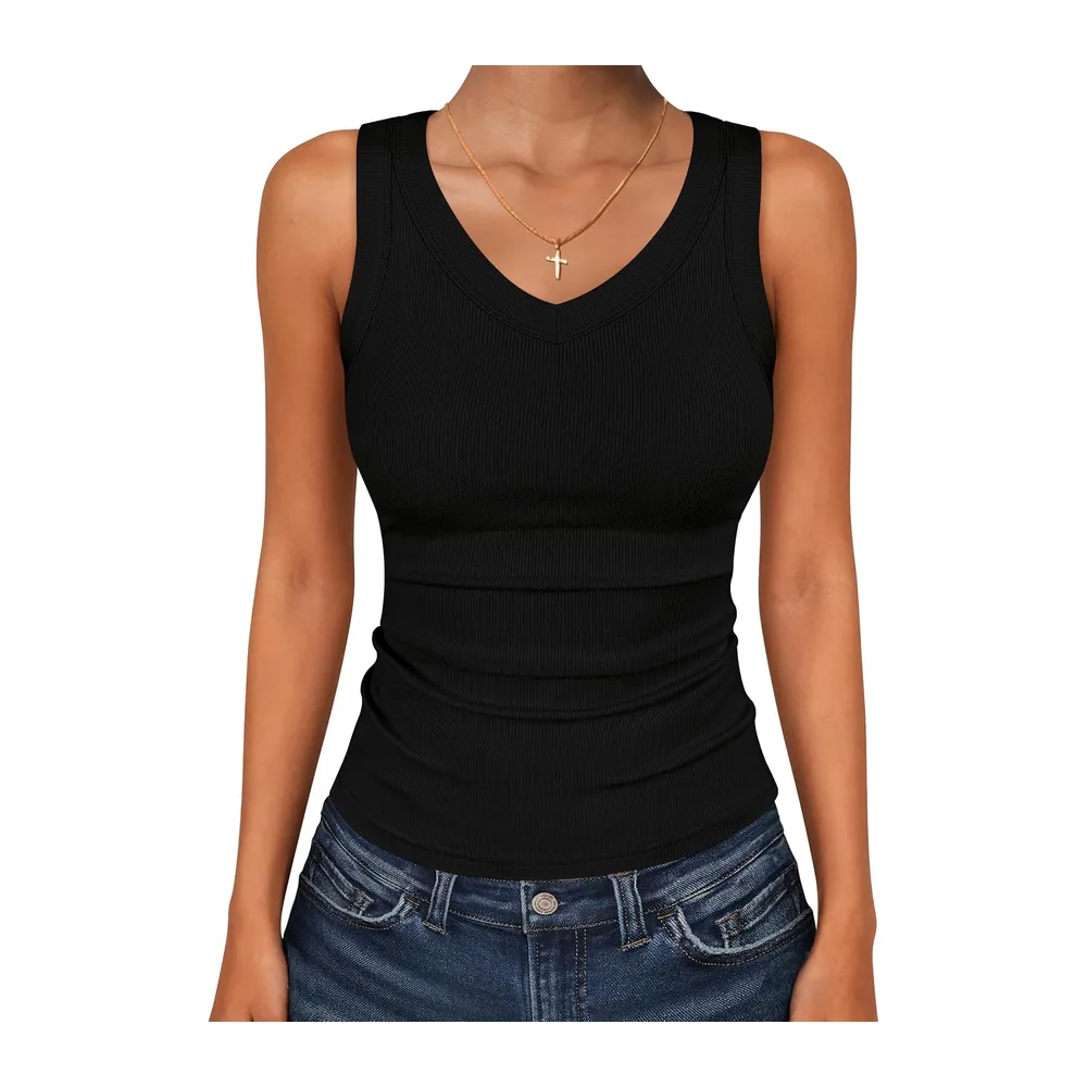 Tank Tops V Neck Ribbed Sleeveless Summer Top — Noir