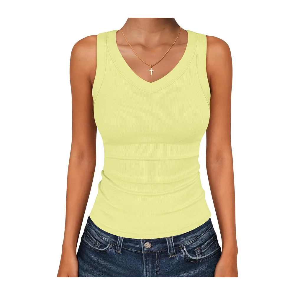 Tank Tops V Neck Ribbed Sleeveless Summer Top — Jaune