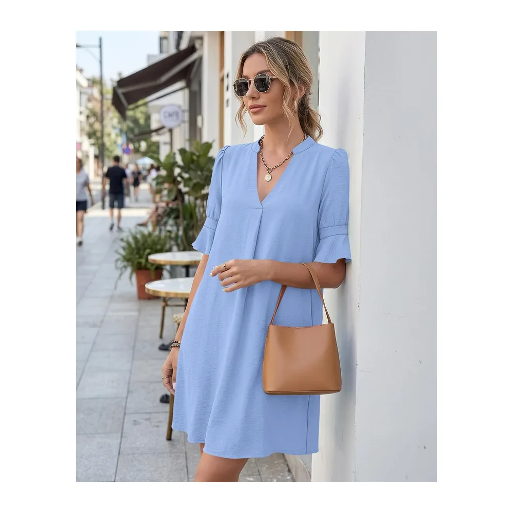 Robe Chemise Été Col en V Manches Volantées Robe Courte — Bleu Ciel