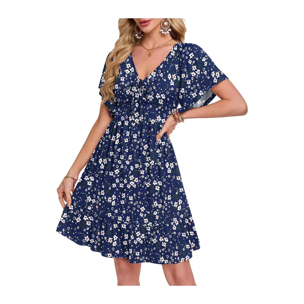 Robe Ete Chic et Élégante — Motifs Floraux Bleu Marine