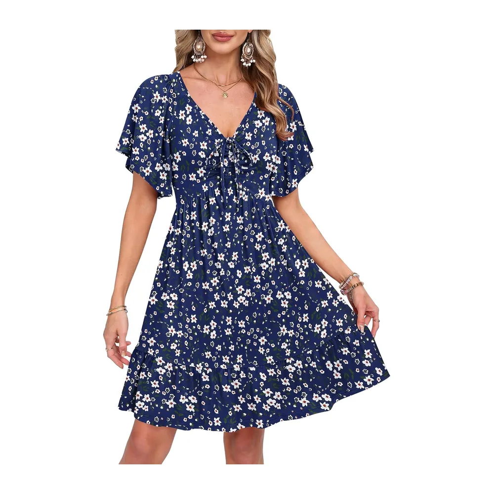 Robe Ete Chic et Élégante — Motifs Floraux Bleu Marine