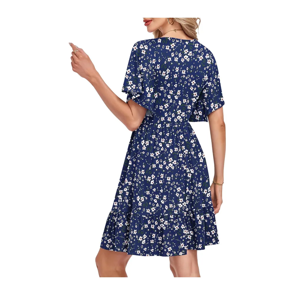 Robe Ete Chic et Élégante — Motifs Floraux Bleu Marine