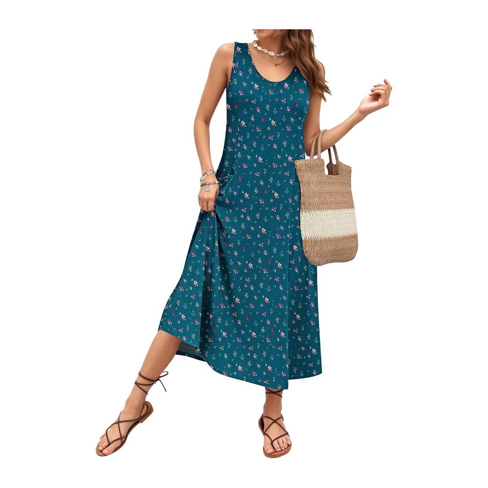 Robe Longue ete sans Manches Robe de Plage Coupe trapèze — Fleur Rouge et Feuillage Vert