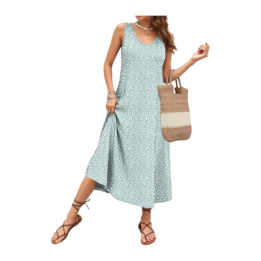 Robe Longue ete sans Manches Robe de Plage Coupe trapèze Longues Style — Tache Verte