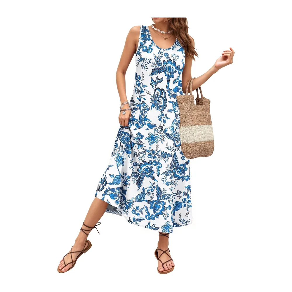 Robe Longue ete sans Manches Robe de Plage Coupe trapèze Longues — Bouquet Floral Bleu