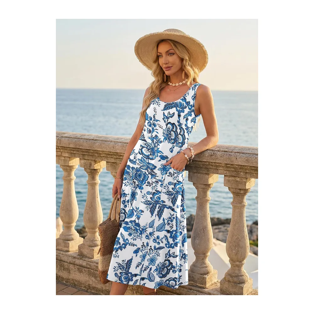 Robe Longue ete sans Manches Robe de Plage Coupe trapèze Longues — Bouquet Floral Bleu