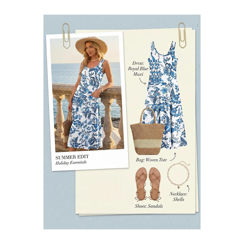 Robe Longue ete sans Manches Robe de Plage Coupe trapèze Longues — Bouquet Floral Bleu