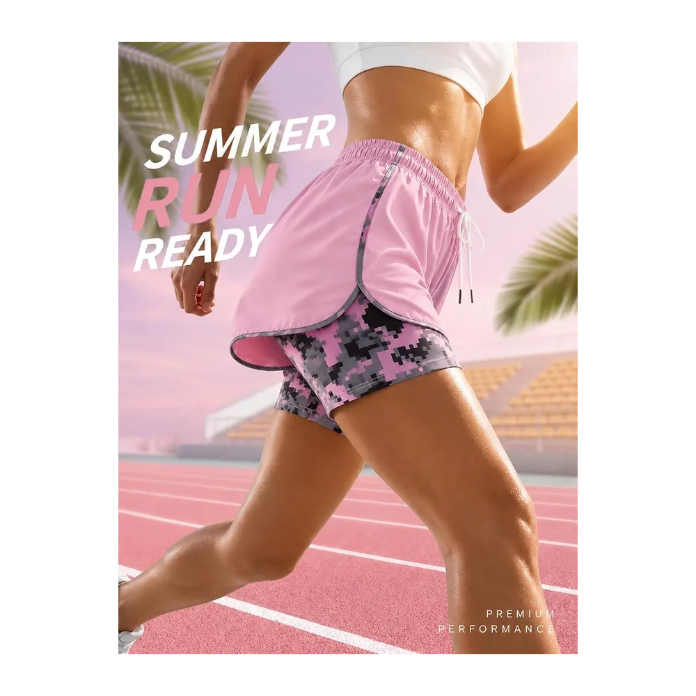 NnOuOnn 2 in 1 Running Shorts for with Pockets, Sports Shorts with Camouflage — Rose