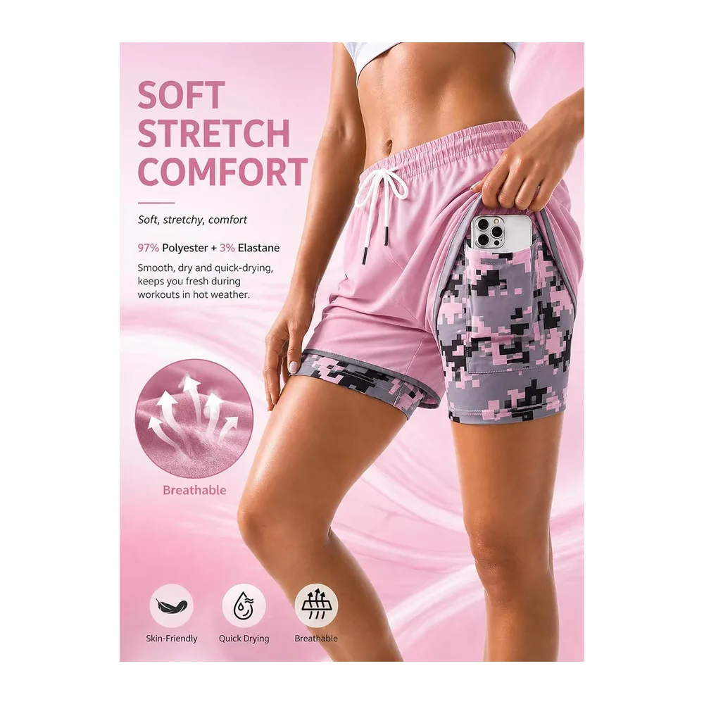 NnOuOnn 2 in 1 Running Shorts for with Pockets, Sports Shorts with Camouflage — Rose