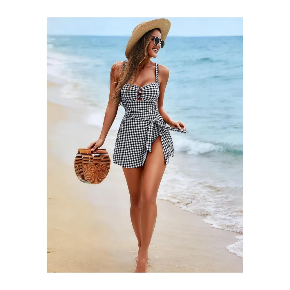 One Piece Swimsuit with Push Up Swim Shorts Adjustable Straps — Motif À Carreaux Noirs