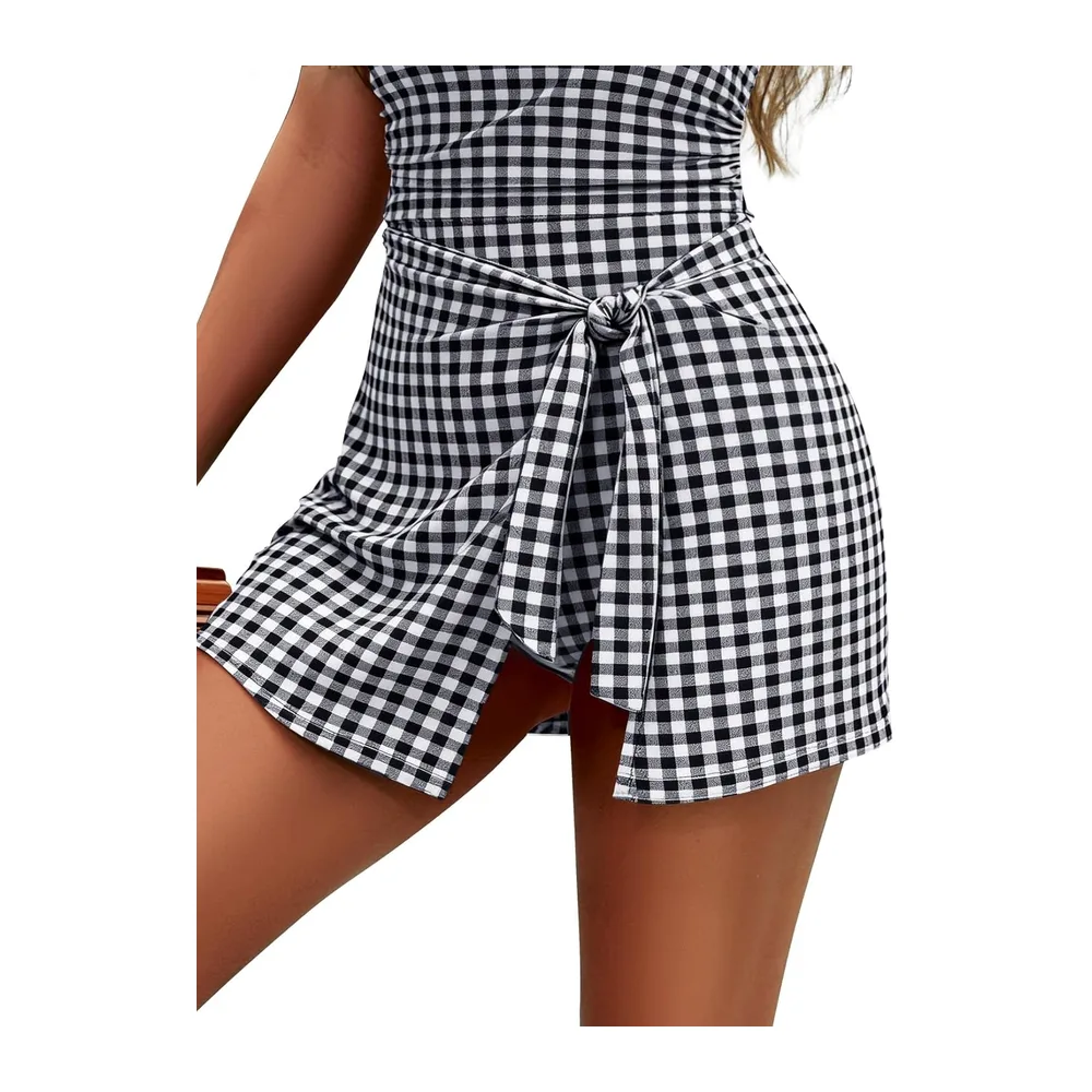 One Piece Swimsuit with Push Up Swim Shorts Adjustable Straps — Motif À Carreaux Noirs