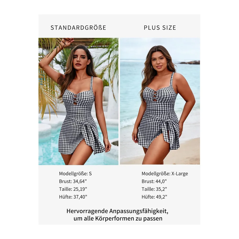 One Piece Swimsuit with Push Up Swim Shorts Adjustable Straps — Motif À Carreaux Noirs