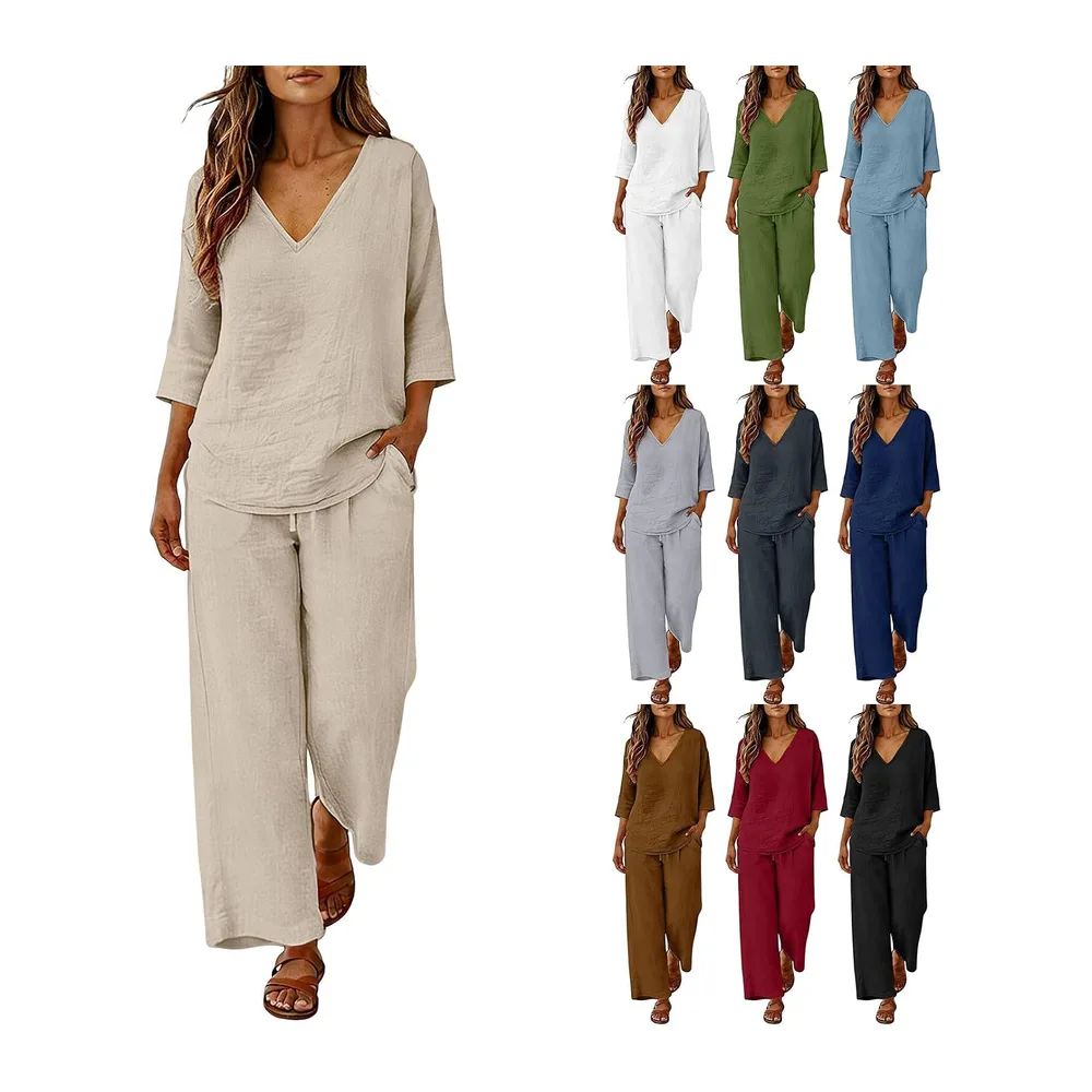 Set Chic and Elegant Lightweight Summer Loungewear Jogging Home Loose Loose With — Kaki