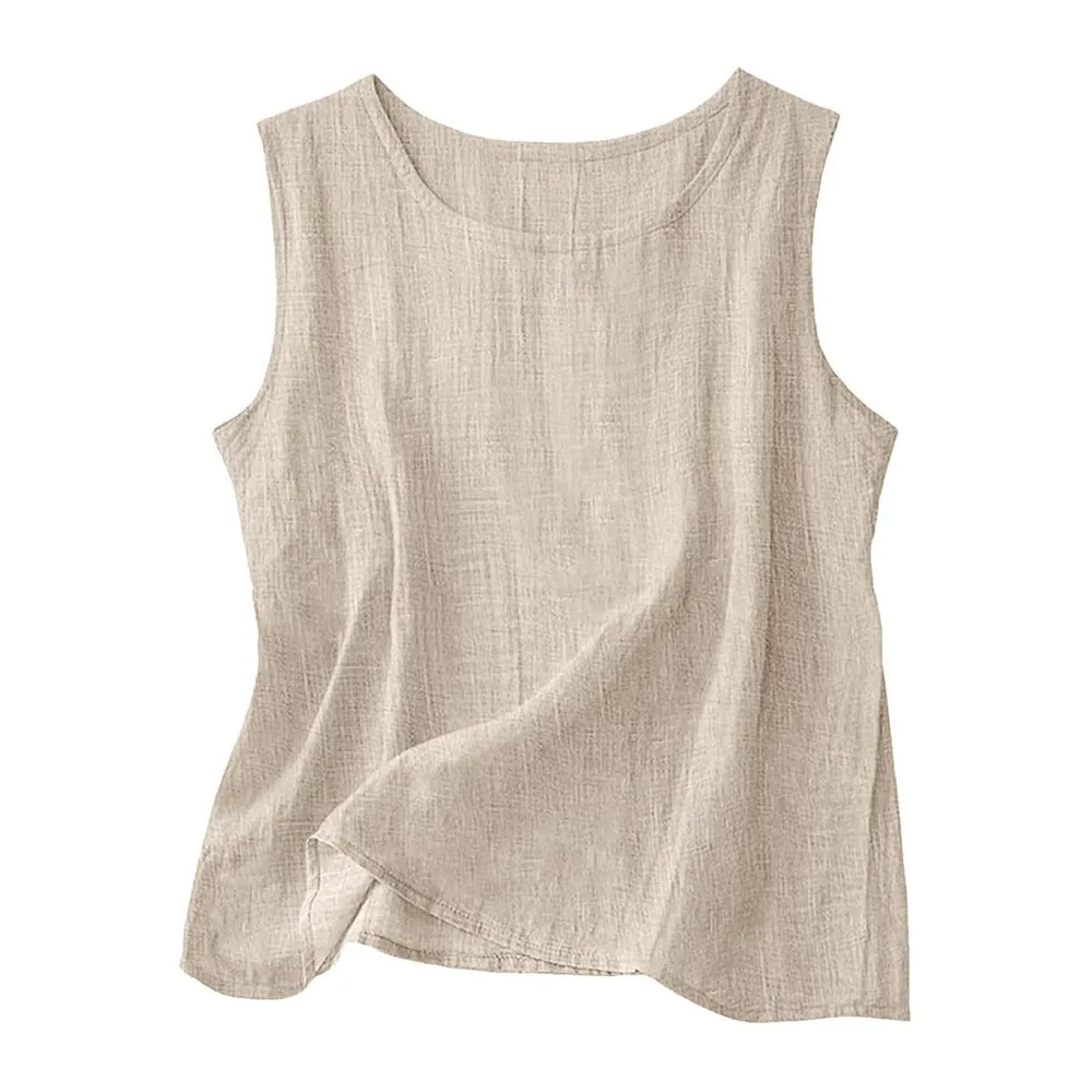 2026 Linen Tops Round Neck Linen Tank Tops Tops Vacation Beach Tops Sleeveless — Beige