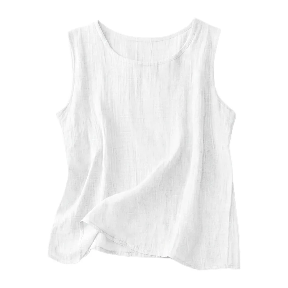 2026 Linen Tops Round Neck Linen Tank Tops Tops Vacation Beach Tops Sleeveless — Blanc