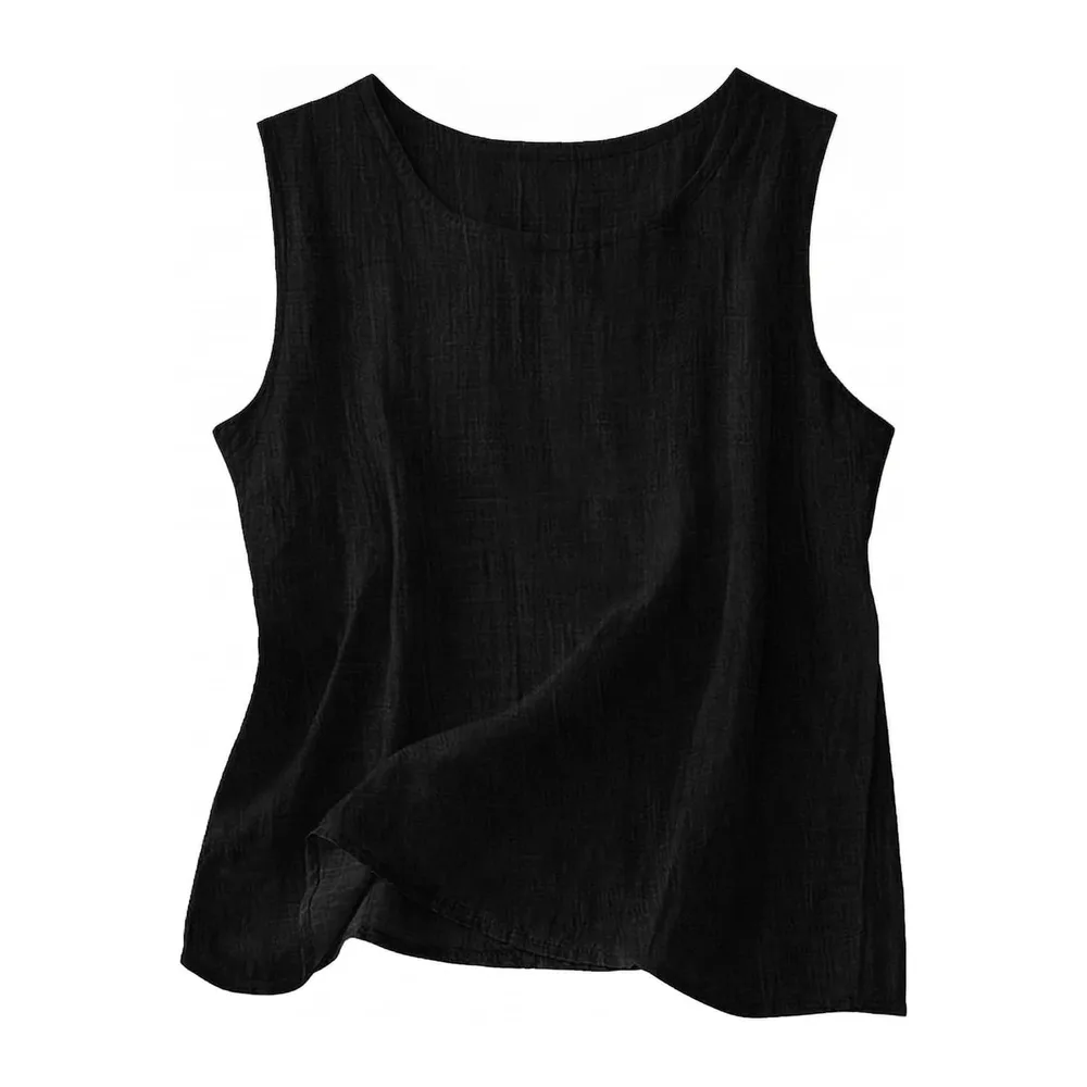 2026 Linen Tops Round Neck Linen Tank Tops Tops Vacation Beach Tops Sleeveless Tops — Noir