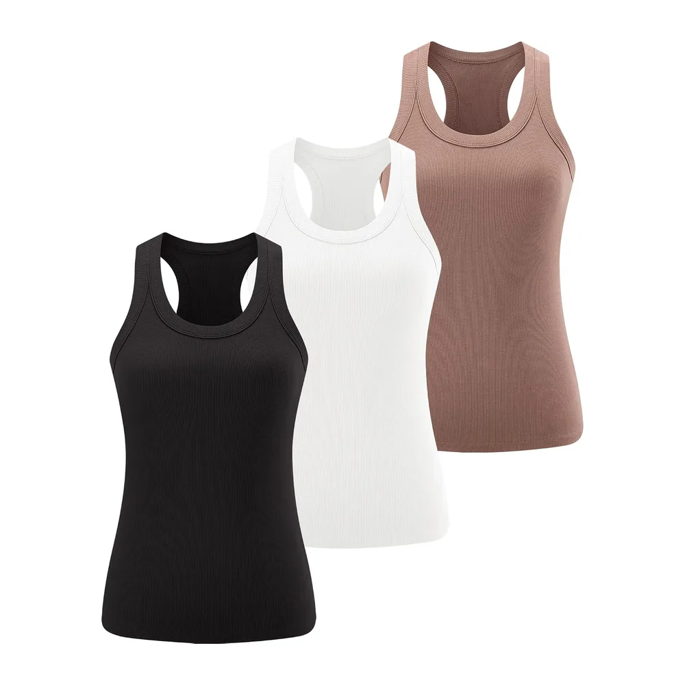 Sports Tank Tops with Built-in Bra — Noir + Blanc + Marron