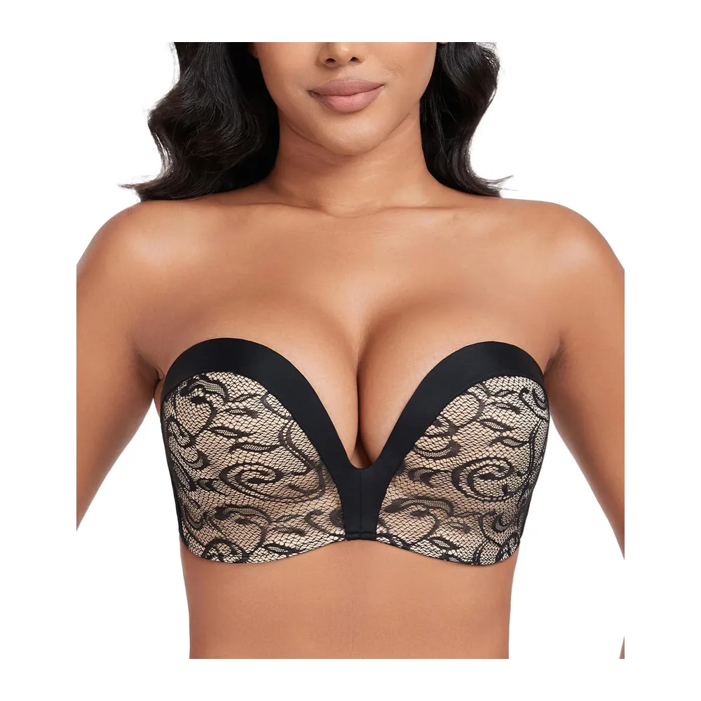 Soutien-Gorge sans Bretelles Push Up Dos Nu rembourré Deep V Convertible — Fleurs Noir