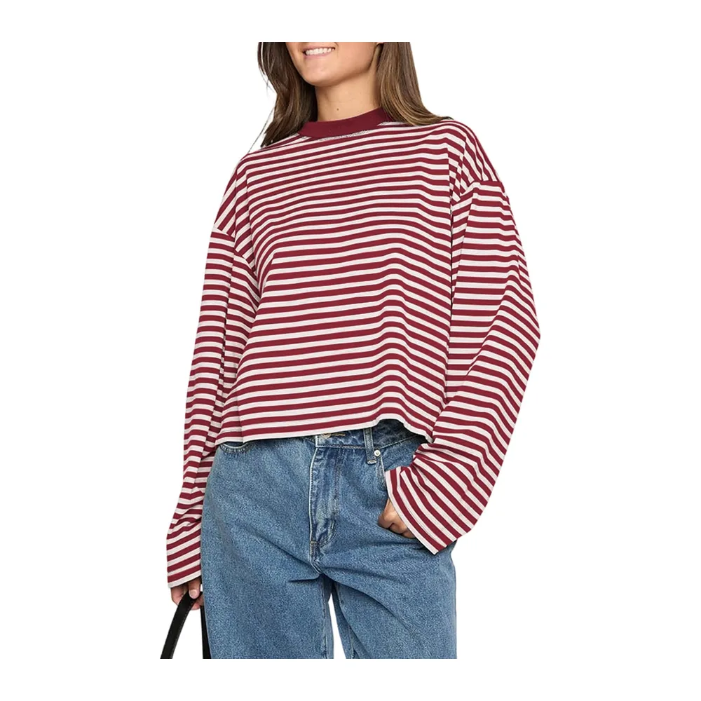 Long Sleeve Striped T-Shirt Crew Neck Sweatshirt Loose Casual Spring Summer — Rouge