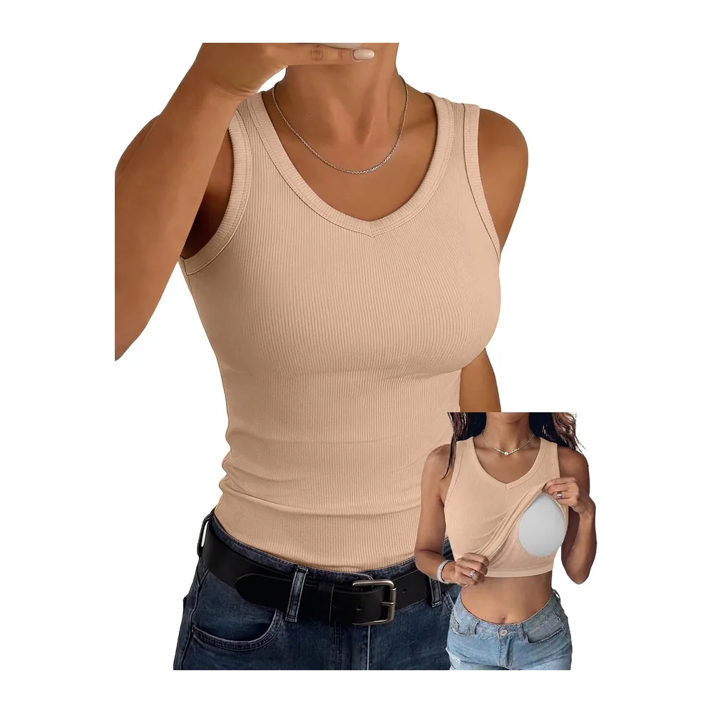 V Neck Sleeveless Ribbed Summer Tank Top Slim Plain Top — B-abricot