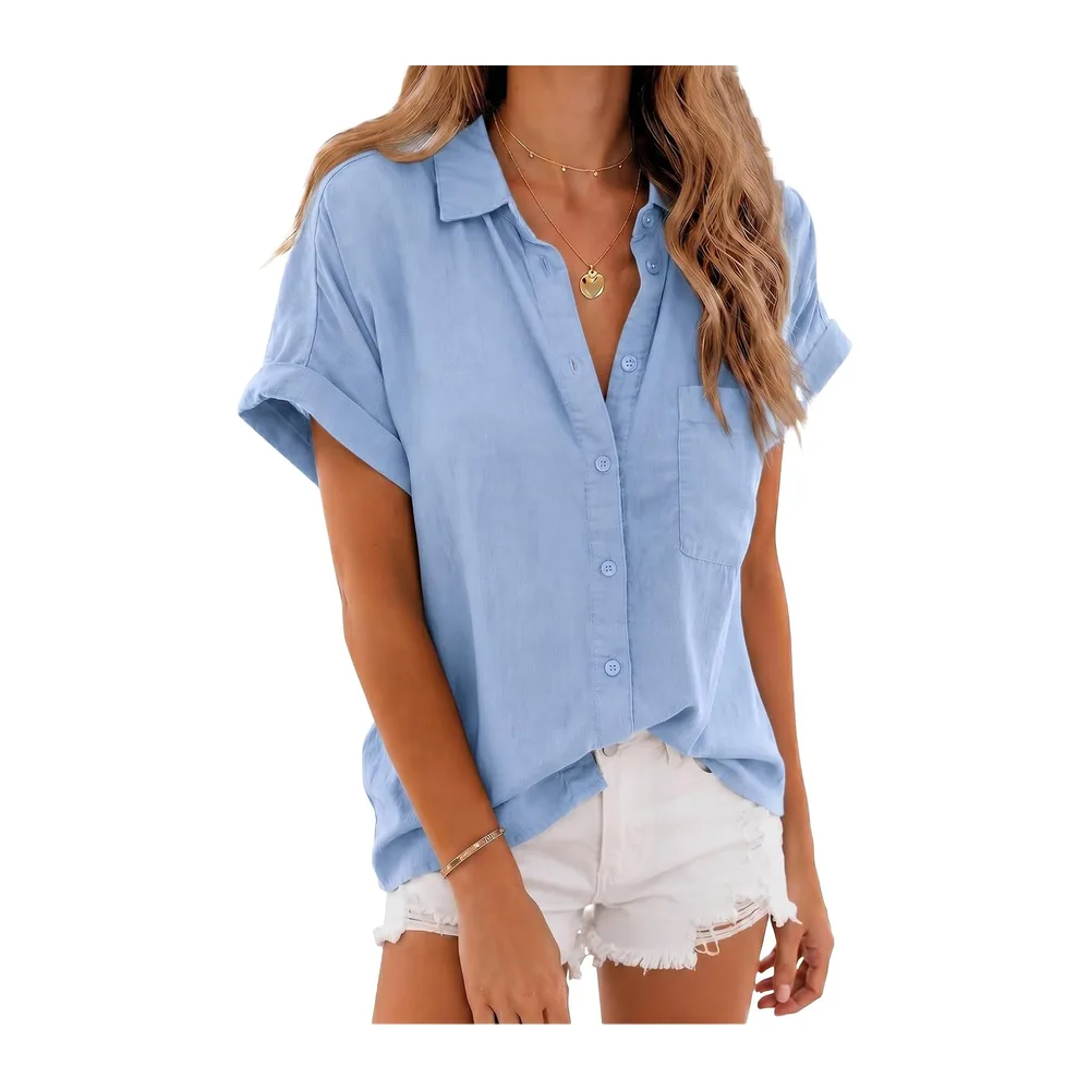 Summer Short Sleeve Blouse Cotton Blouse Elegant Casual Top — Bleu Ciel