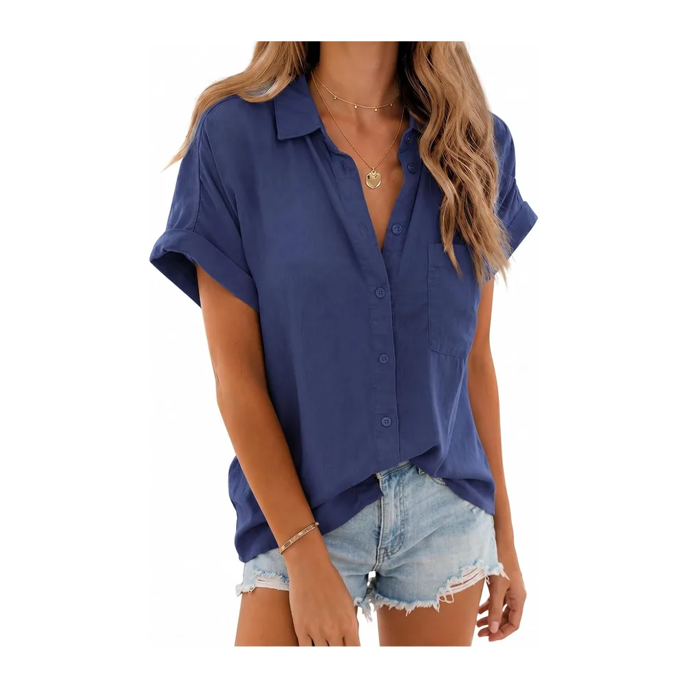 Summer Short Sleeve Blouse Cotton Blouse Elegant Casual Top — Bleu Marine
