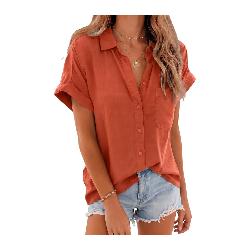Summer Short Sleeve Blouse Cotton Blouse Elegant Casual Top — Rouge Brique