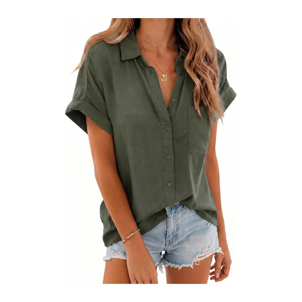 Summer Short Sleeve Blouse Cotton Blouse Elegant Casual Top — Vert Armée
