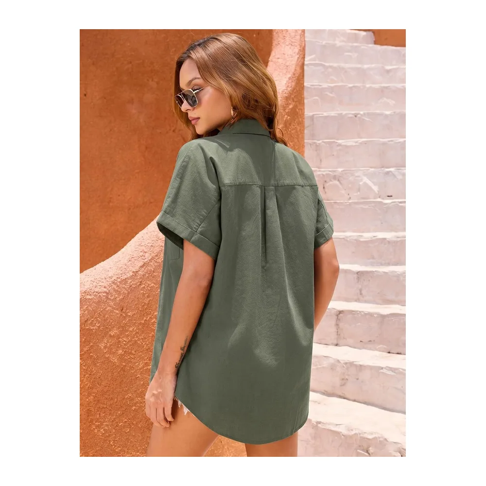 Summer Short Sleeve Blouse Cotton Blouse Elegant Casual Top — Vert Armée