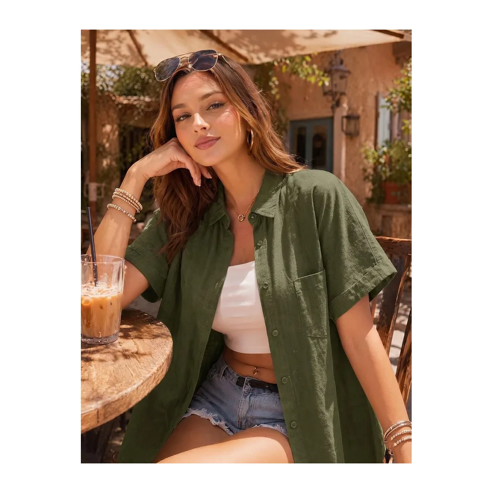 Summer Short Sleeve Blouse Cotton Blouse Elegant Casual Top — Vert Armée