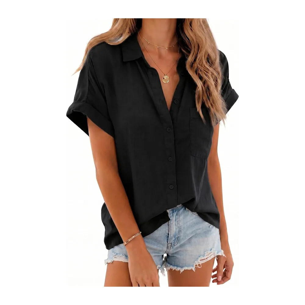 Summer Short Sleeve Blouse Cotton Blouse Elegant Casual Top — Noir