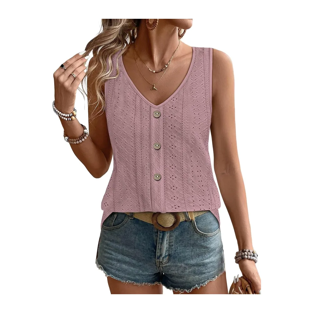 2026 Fashion Summer V Neck Loose Casual Sleeveless Sexy Elegant Embroidered — Rose Foncé