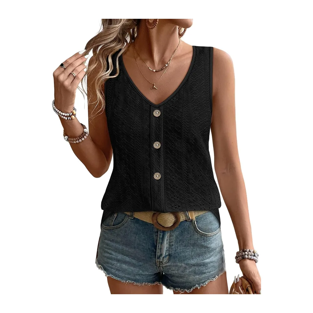 2026 Fashion Summer V Neck Loose Casual Sleeveless Sexy Elegant Embroidered Basic — Noir
