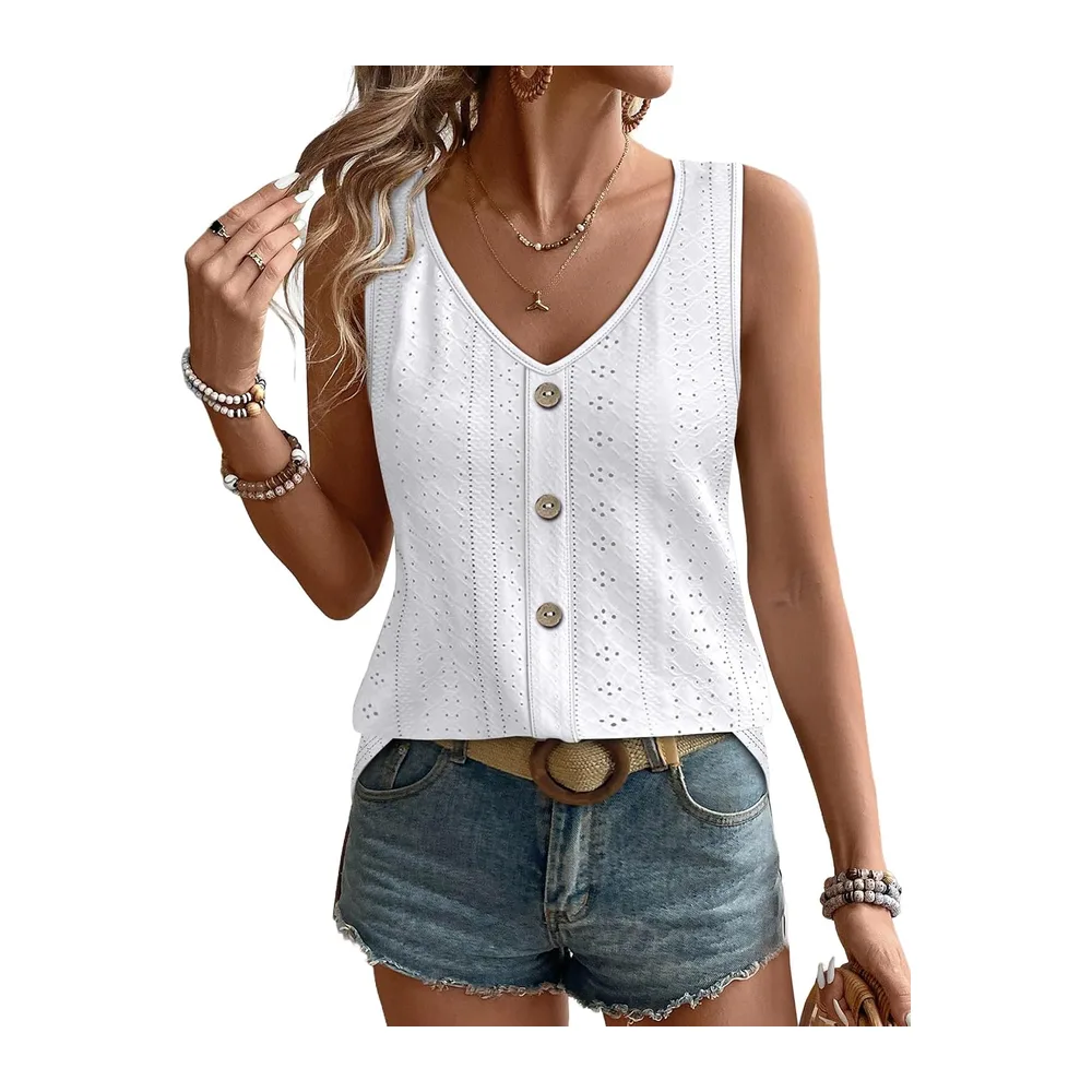 2026 Fashion Summer V Neck Loose Casual Sleeveless Sexy Elegant Embroidered Basic — Blanc.
