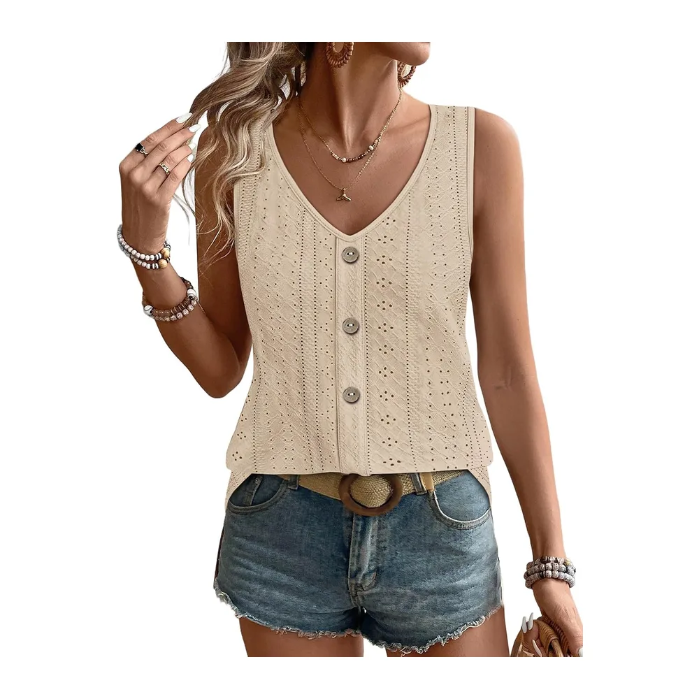 2026 Fashion Summer V Neck Loose Casual Sleeveless Sexy Elegant Embroidered Basic — Beige