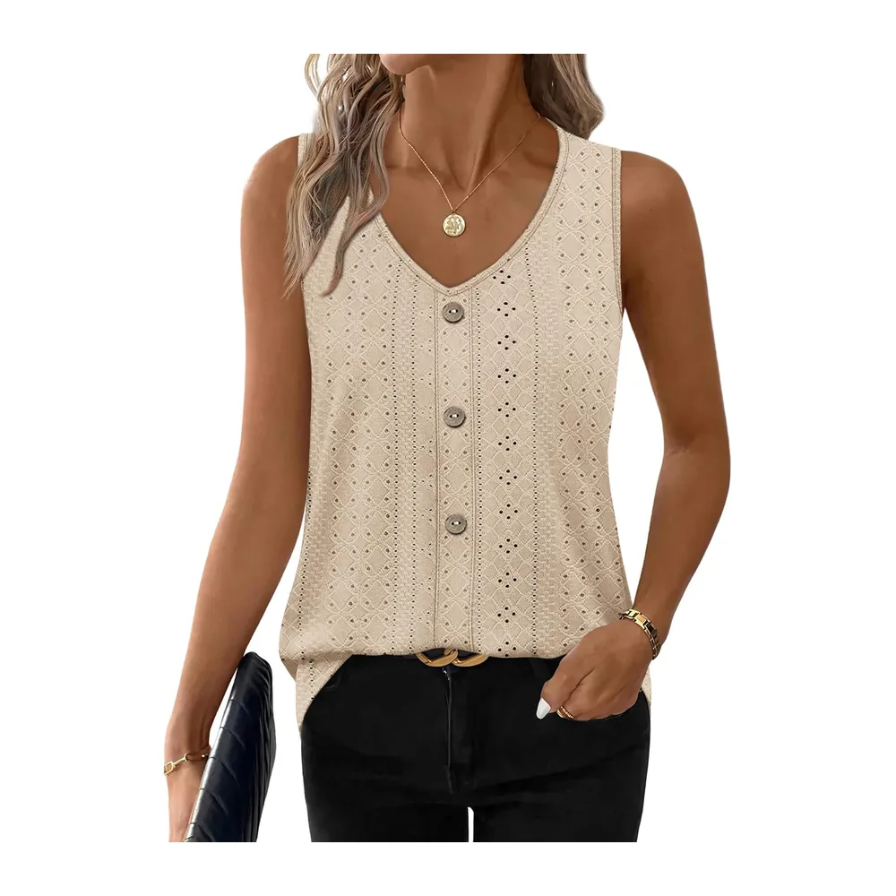 2026 Fashion Summer V Neck Loose Casual Sleeveless Sexy Elegant Embroidered Basic — Beige