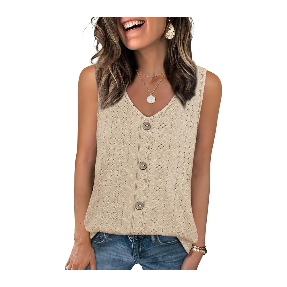 2026 Fashion Summer V Neck Loose Casual Sleeveless Sexy Elegant Embroidered Basic — Beige